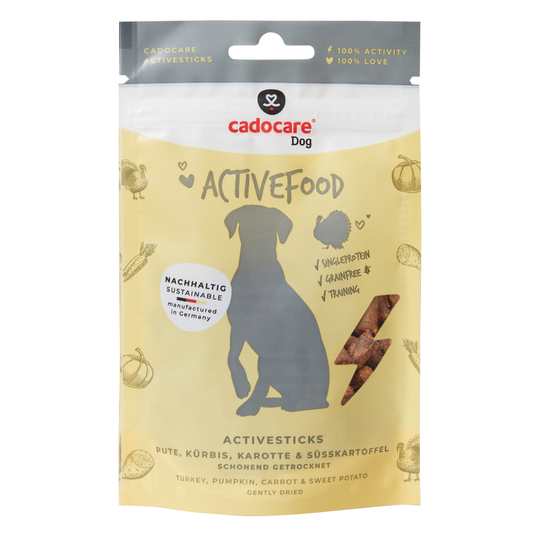 Friandises pour chiens Cadocare - ActiveSticks - Dinde, potiron, carotte & patate douce, 90g