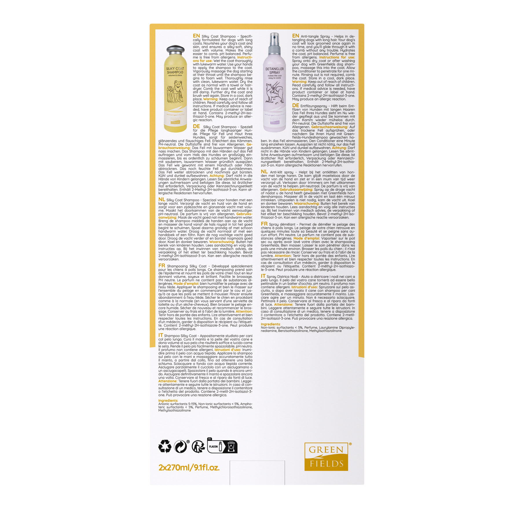 Greenfields Yorkshire Terrier Care Set : Greenfields Silky Coat Shampoo + Greenfields Detangler Spray, 2x270ml