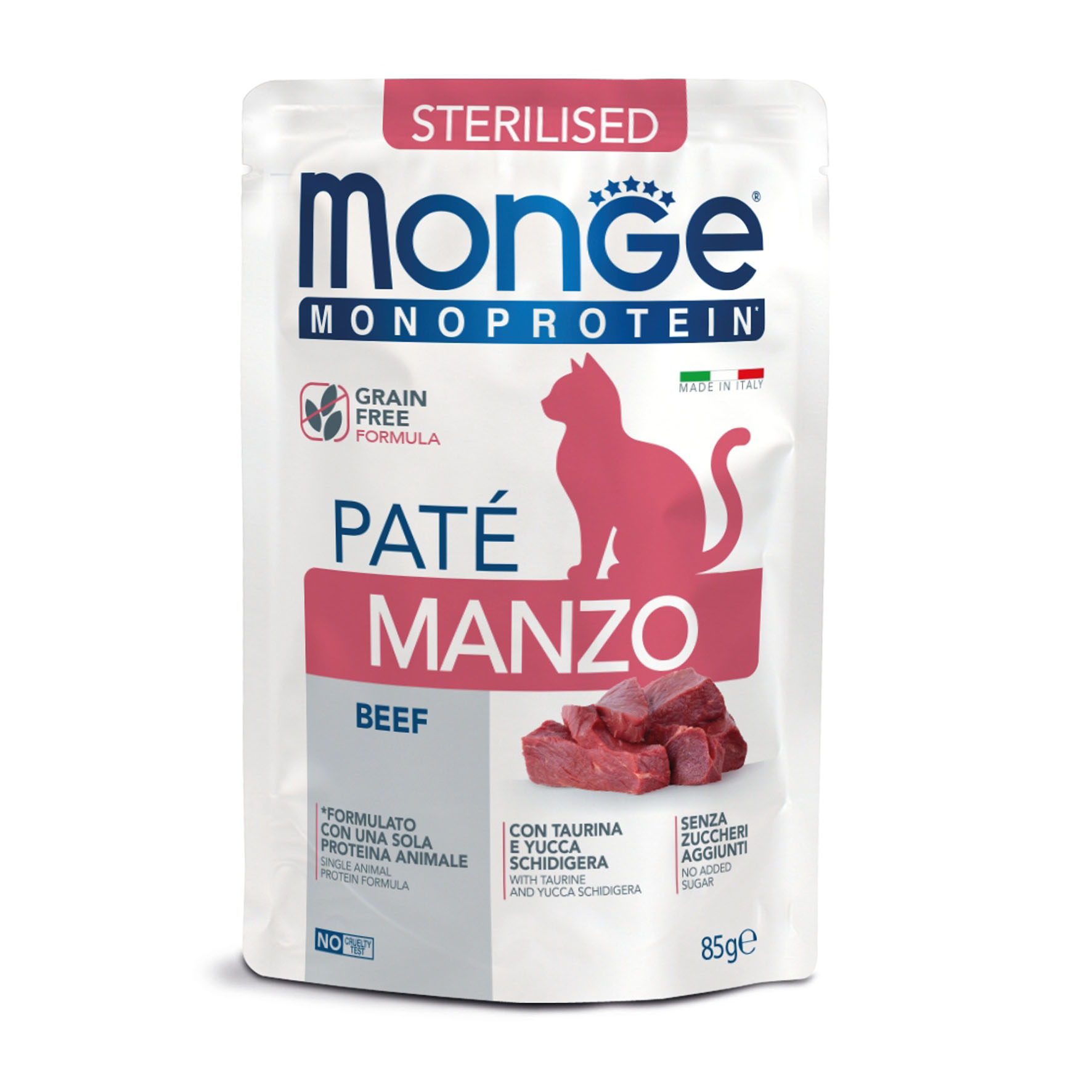 Monge Cat Sterilised - Rindfleisch-Pastete, Nassfutter für Katzen, 85g