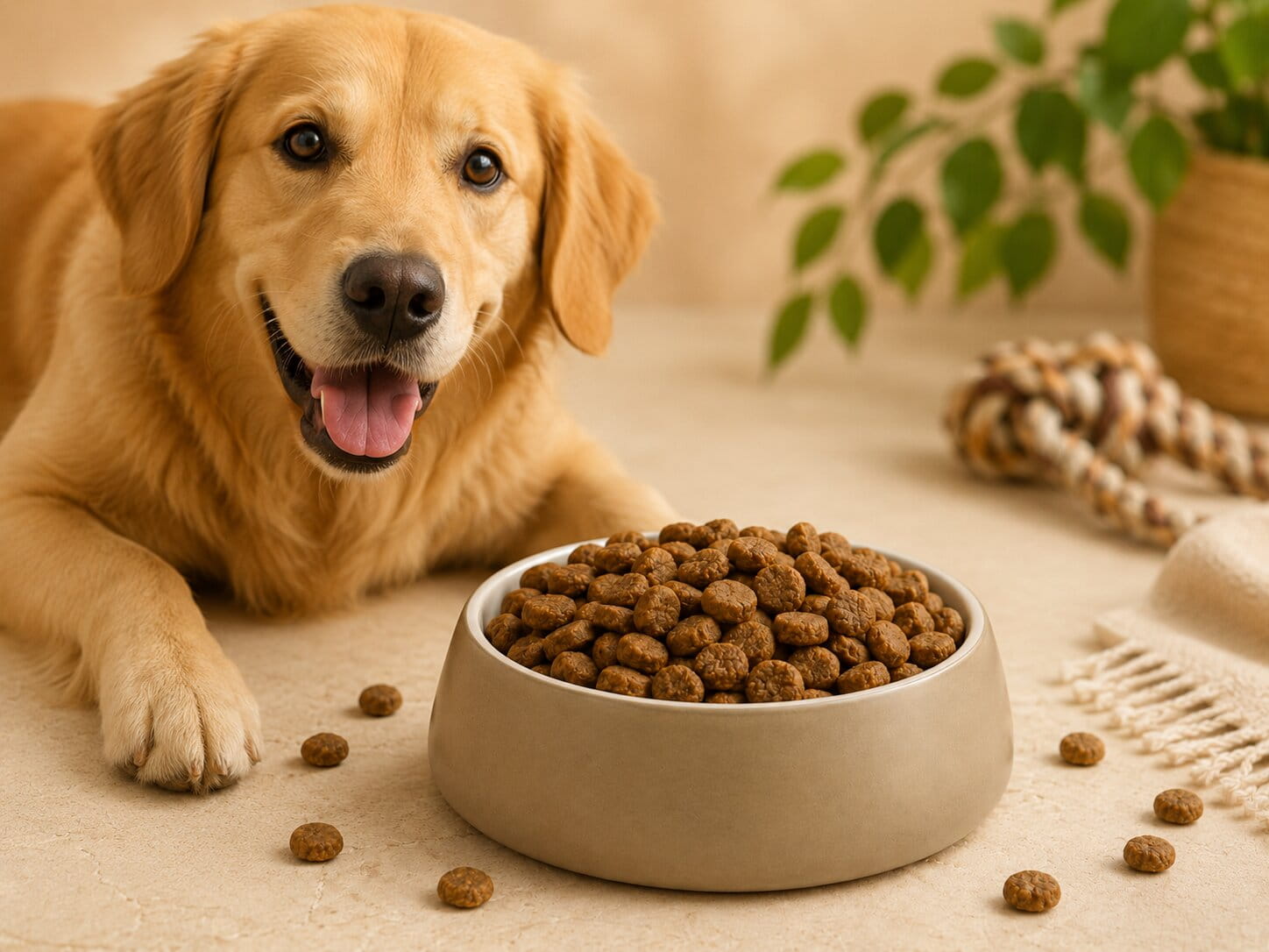 Chien à côté d’une gamelle de croquettes pour chien