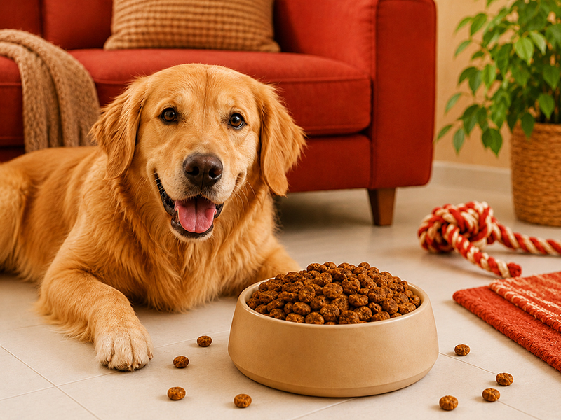 Hund neben Napf mit trockenem Hundefutter