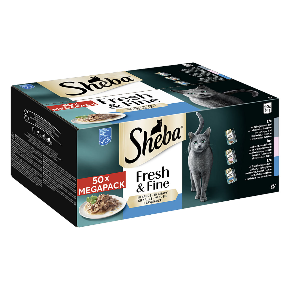 Sheba Fresh & Fine Sachets fraîcheur en sauce au cabillaud, saumon, thon 50g, paquet de 50