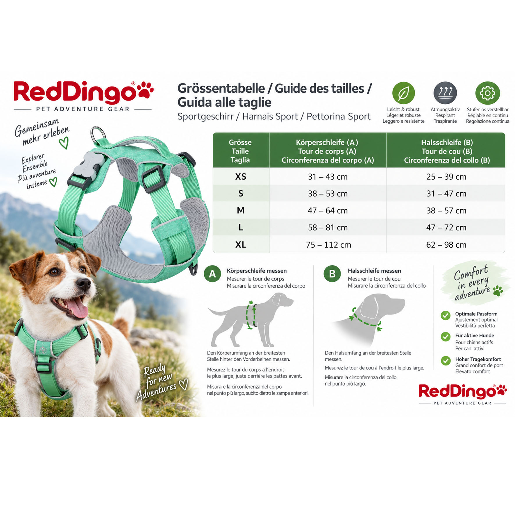 RedDingo Hundegeschirr Sport, S - Halsumfang=31-47cm, Brustumfang=38-53cm, pastelgreen