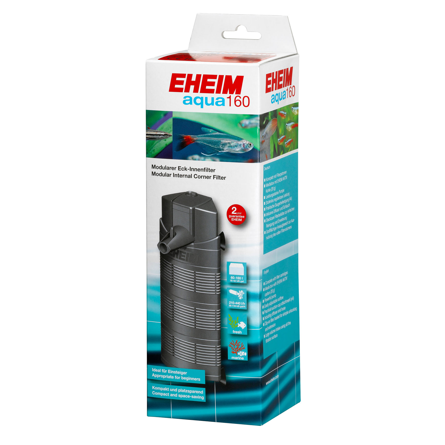 Eheim filtre intérieur d'angle aqua160, 210-440l/h, 4W, 6.6x6.6x20.2cm