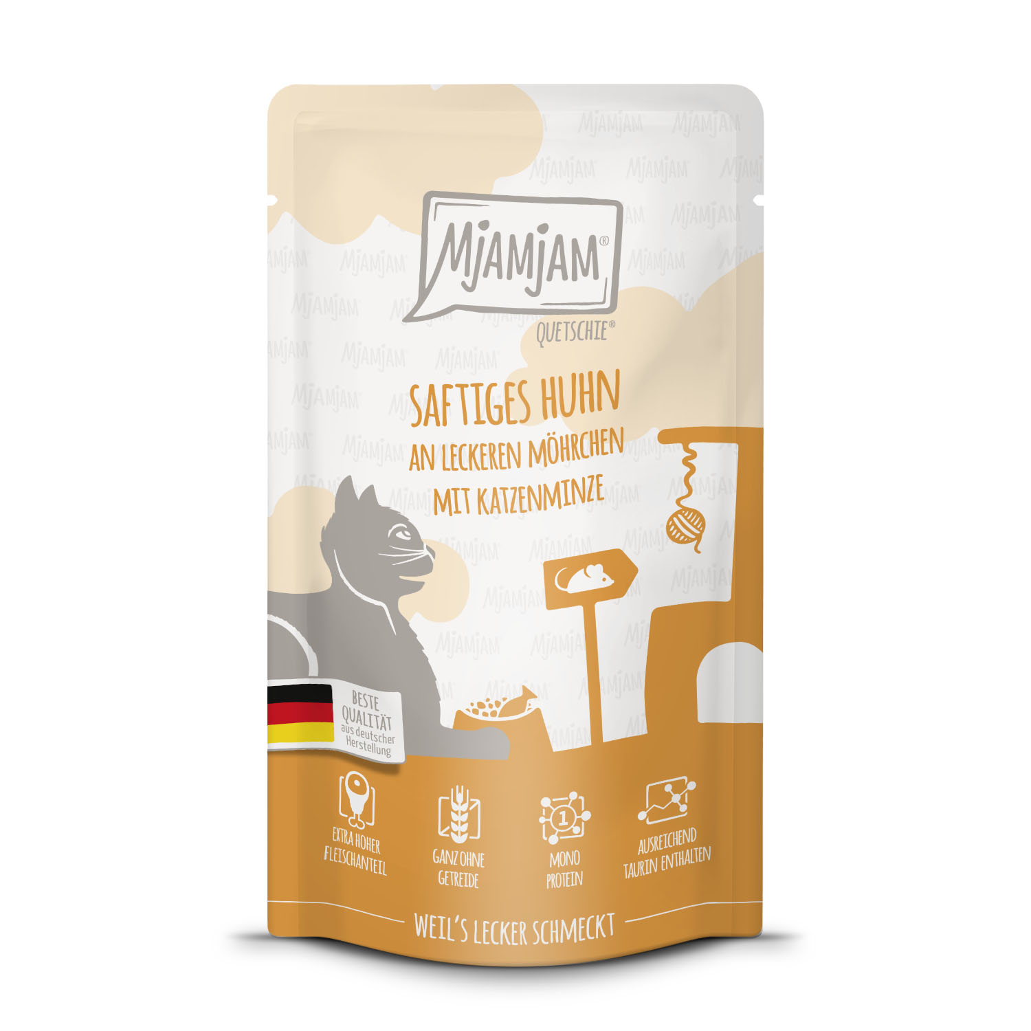 MjAMjAM Cat Pollo, Carotine & Erba Gatta - Cibo umido per gatti, 125 g