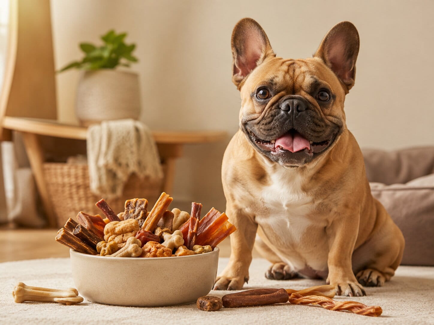 Bouledogue français à côté d’un assortiment de friandises pour chien