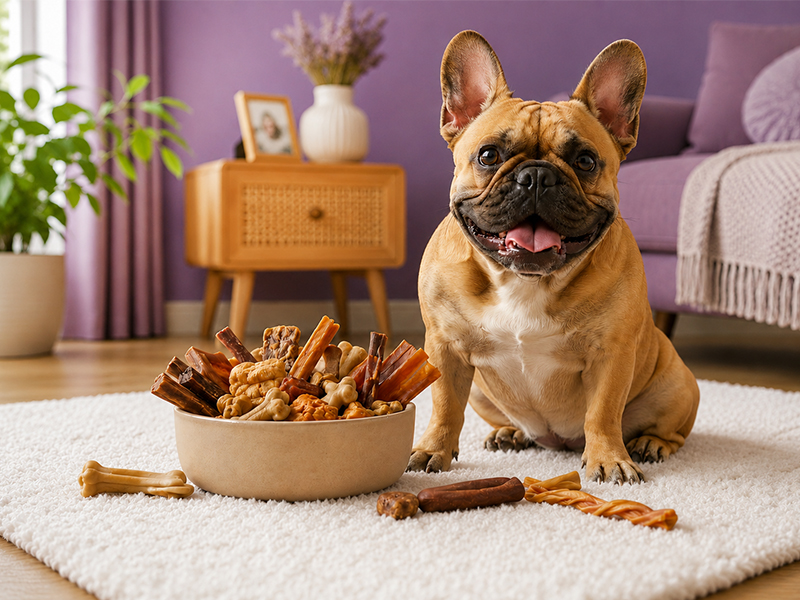 Französische Bulldogge neben Schale mit verschiedenen Hundesnacks
