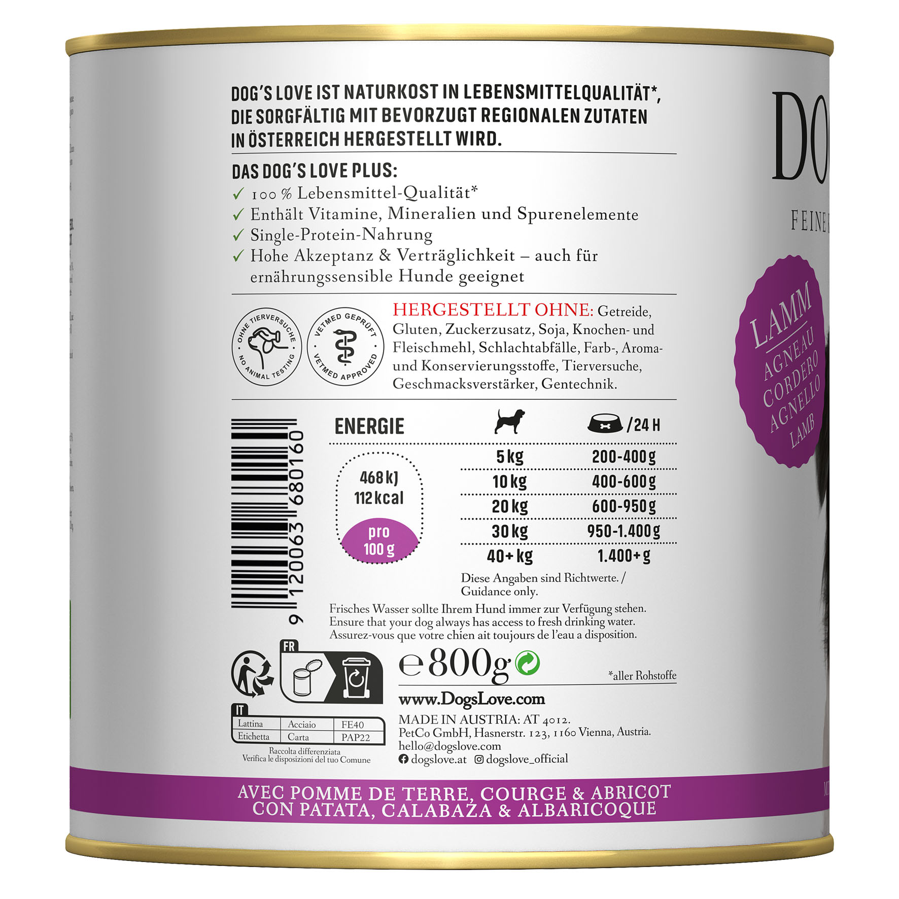 Dog‘s Love Classic Adult Lamm, Kartoffel, Kürbis & Aprikosen, 800g