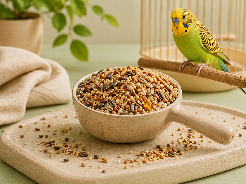Wellensittich neben Schale mit Saaten und Vogelfutter