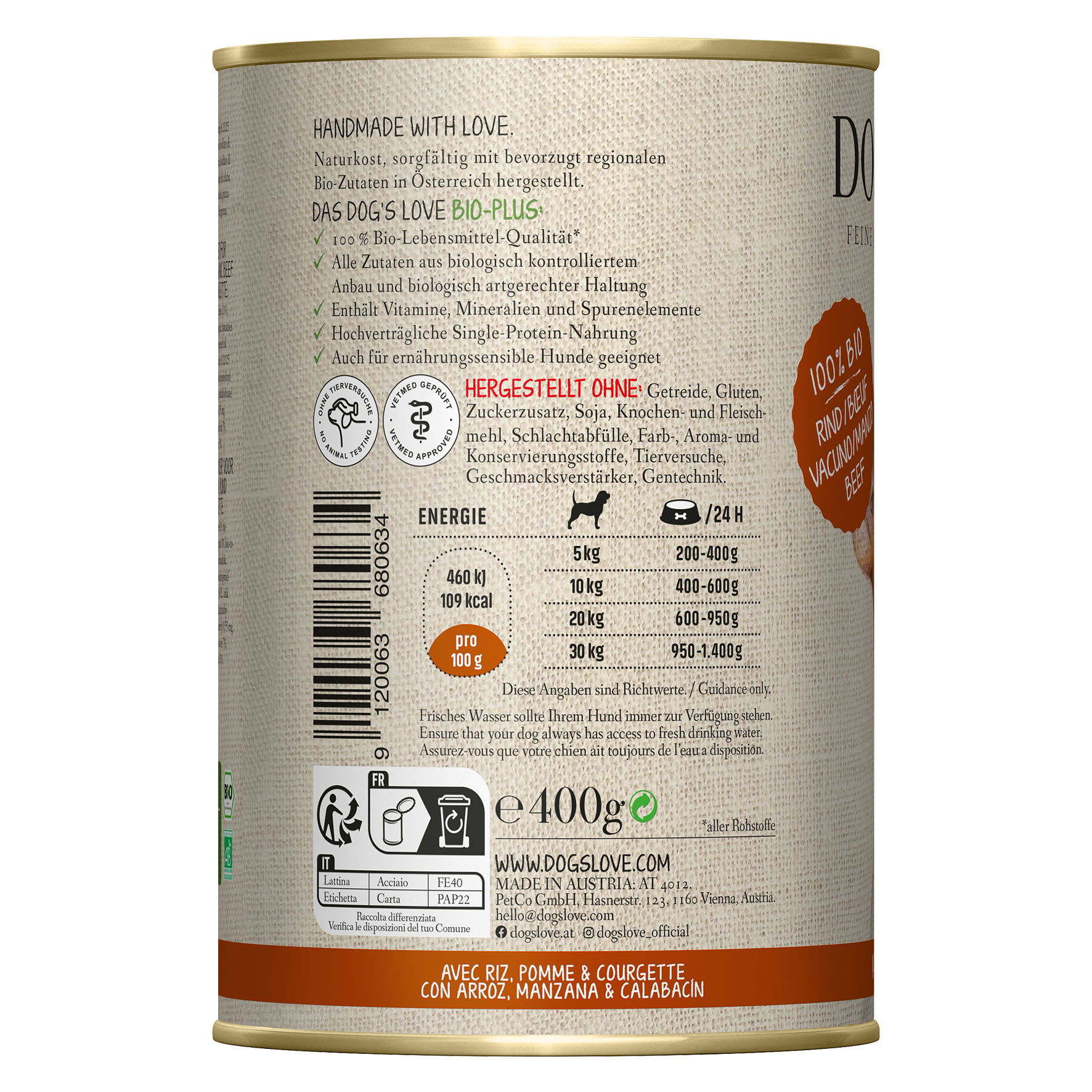 Dog‘s Love Bio Rind, Reis, Apfel & Zucchini, 400g