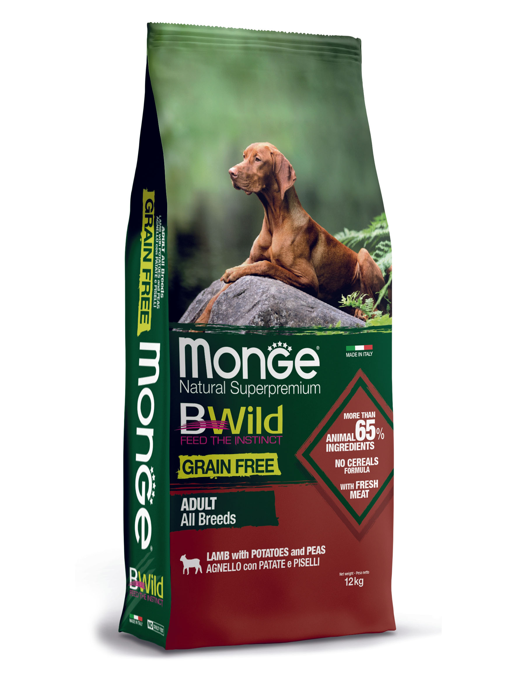Monge BWild Adult – Agneau, pommes de terre et petits pois, croquettes sans céréales pour chiens, 12 kg