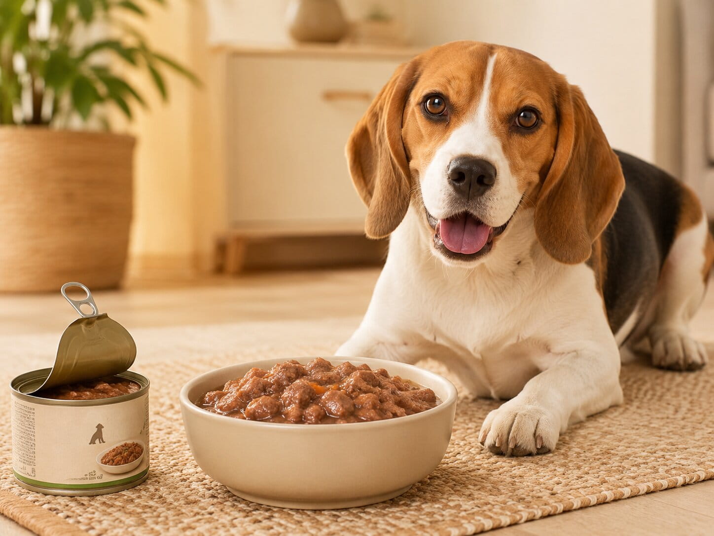 Beagle à côté d’une gamelle de pâtée pour chien