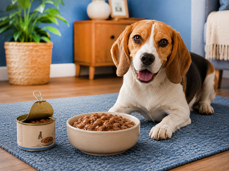Beagle neben Napf mit saftigem Hunde-Nassfutter