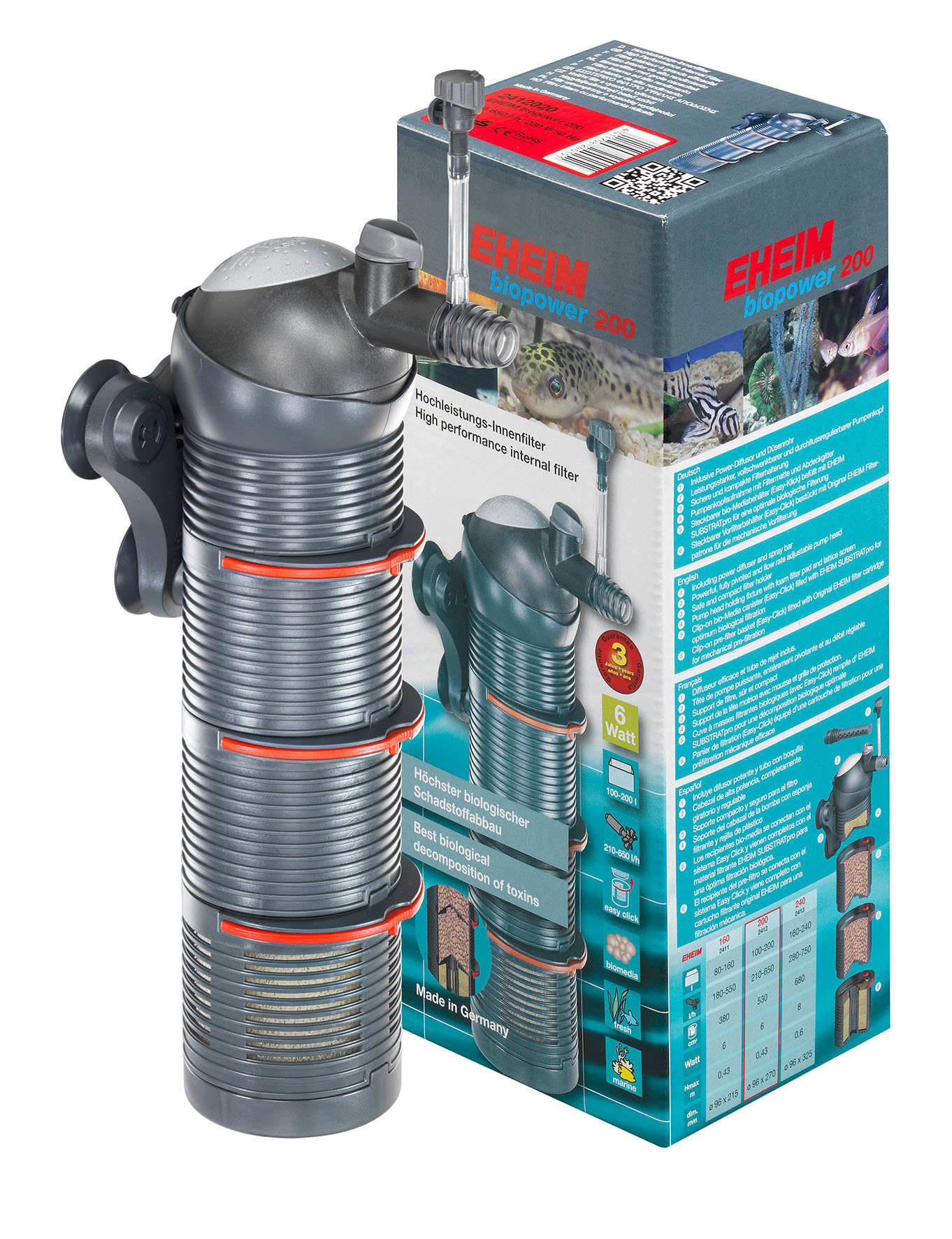 Eheim filtro interno biopower210 media+, 210-650 l/h, 6W, 9.6x27 cm