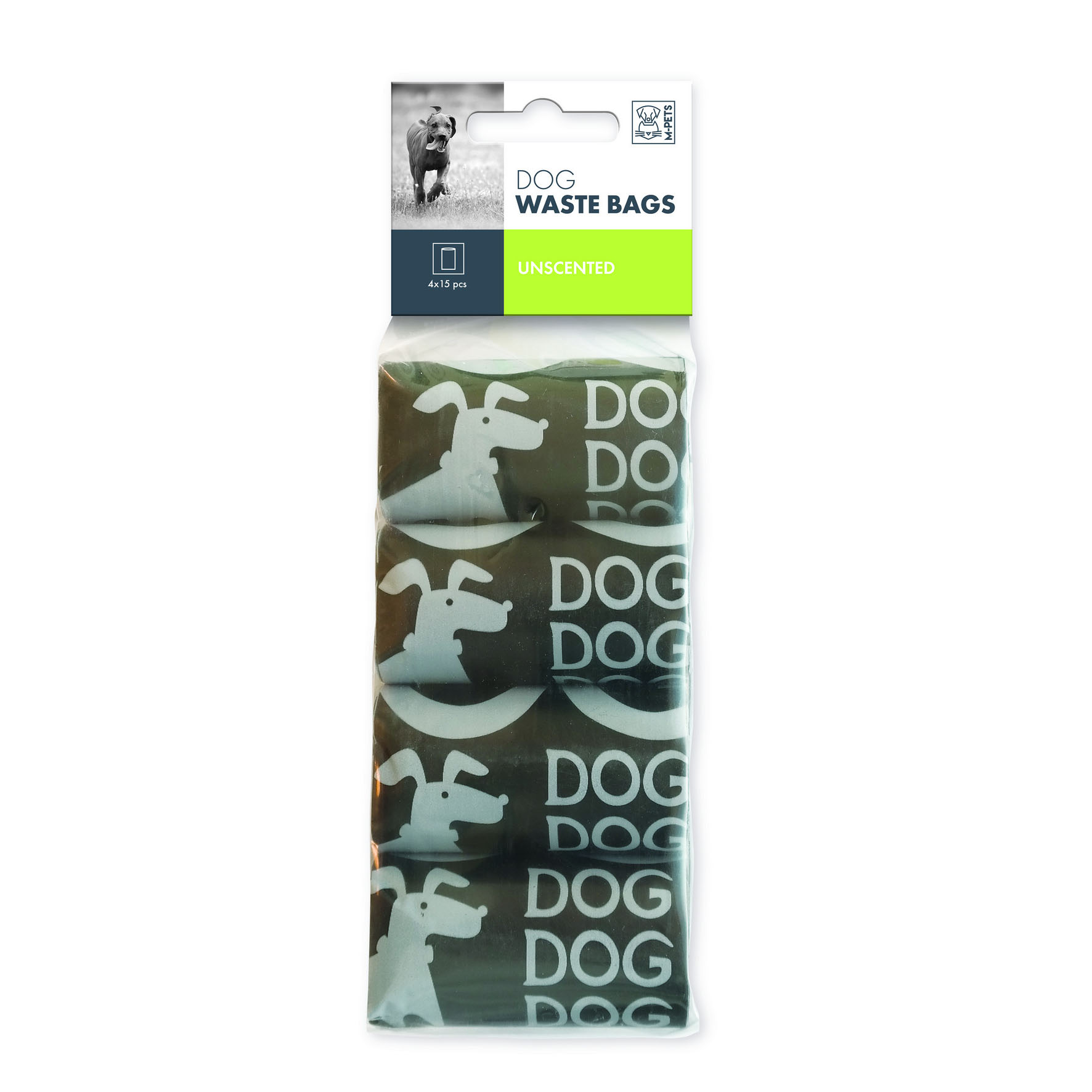 Sacs à déjections pour chiens M-Pets, 35 × 23 cm, 4 rouleaux de 15 pièces chacun, noir
