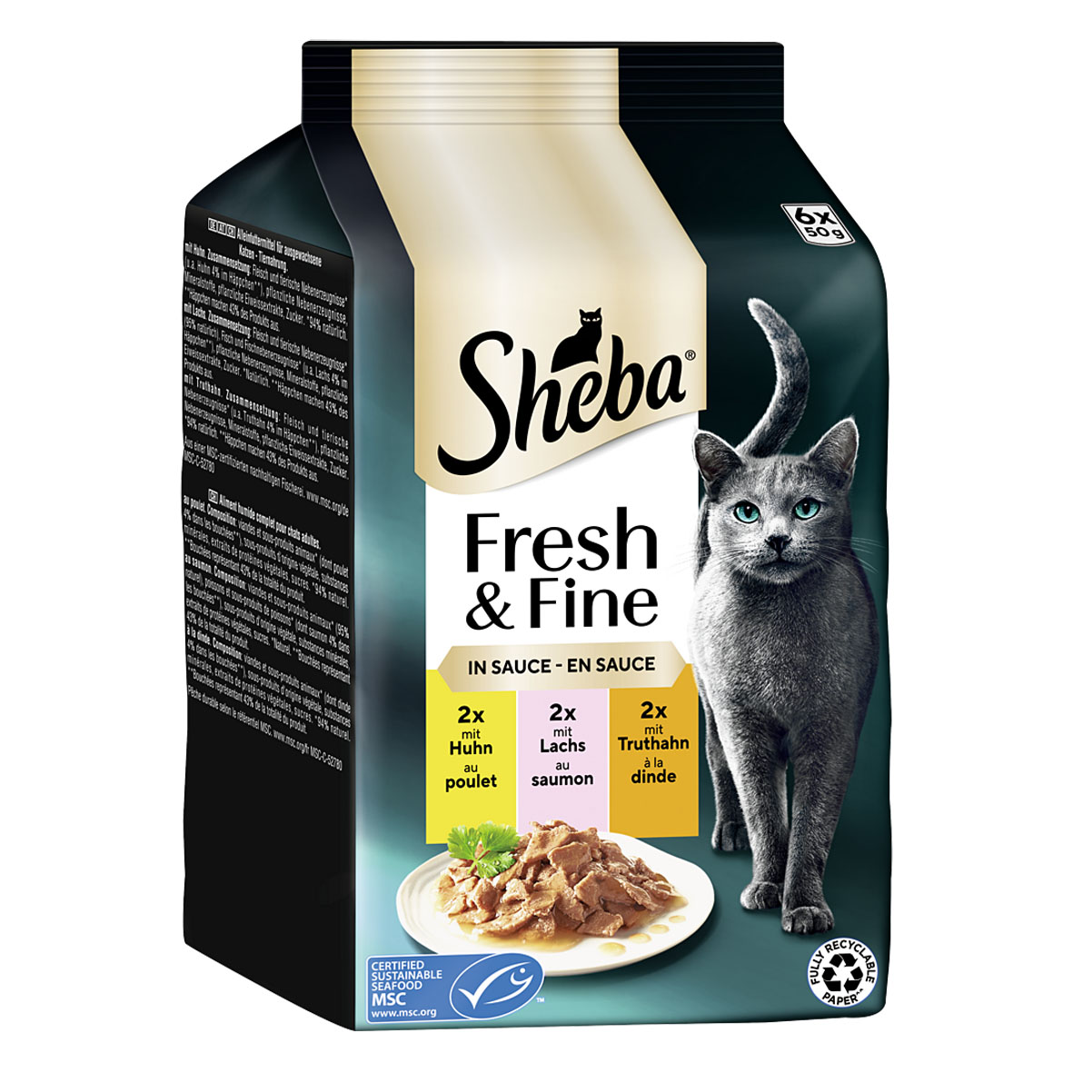 Sheba Frischebeutel Fresh & Fine in Sauce mitr Huhn, Lachs, Truthahn 6 x 50 g  Sheba Fre