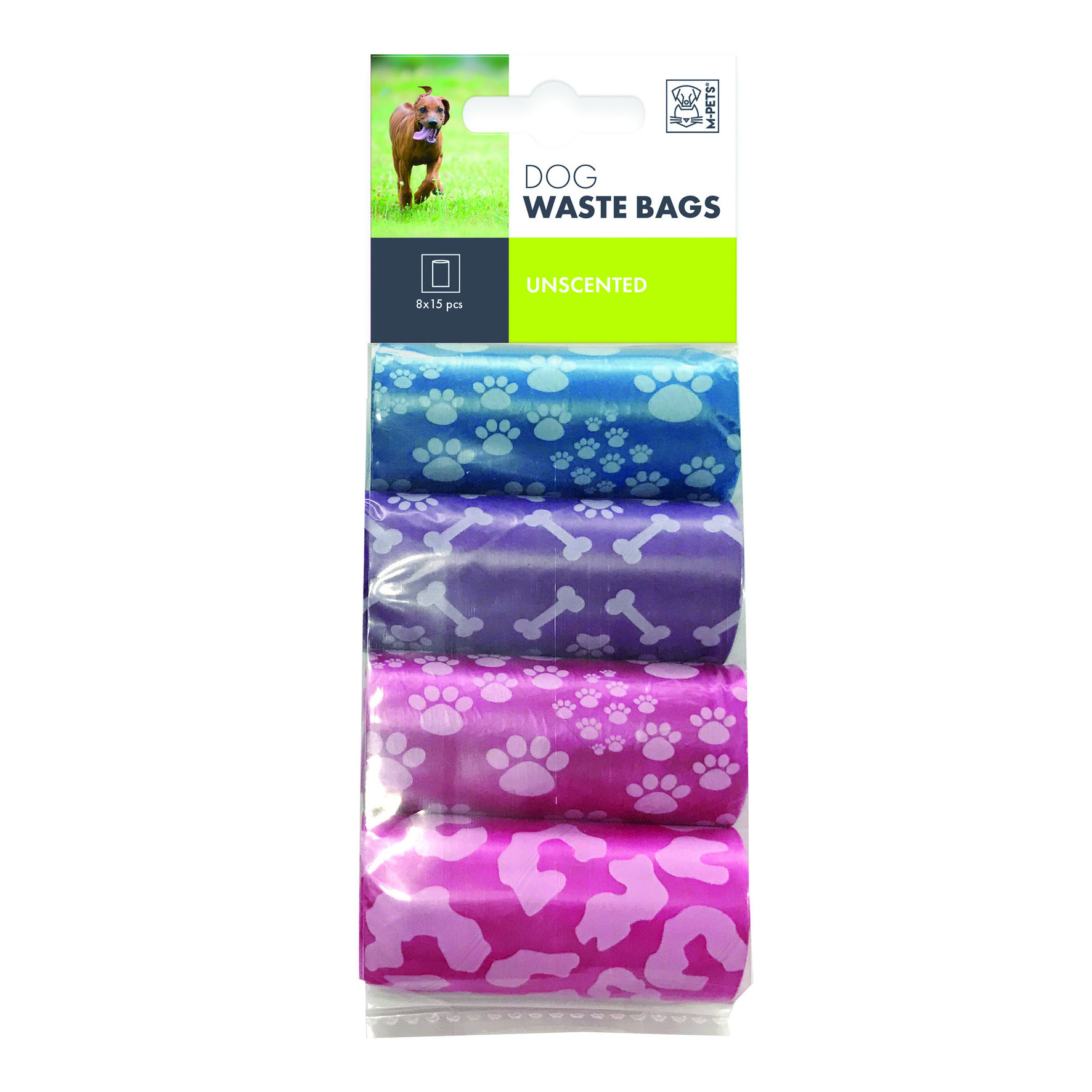 Sacs à déjections pour chiens M-Pets, 35 × 23 cm, 4 rouleaux de 15 pièces chacun, multicolores