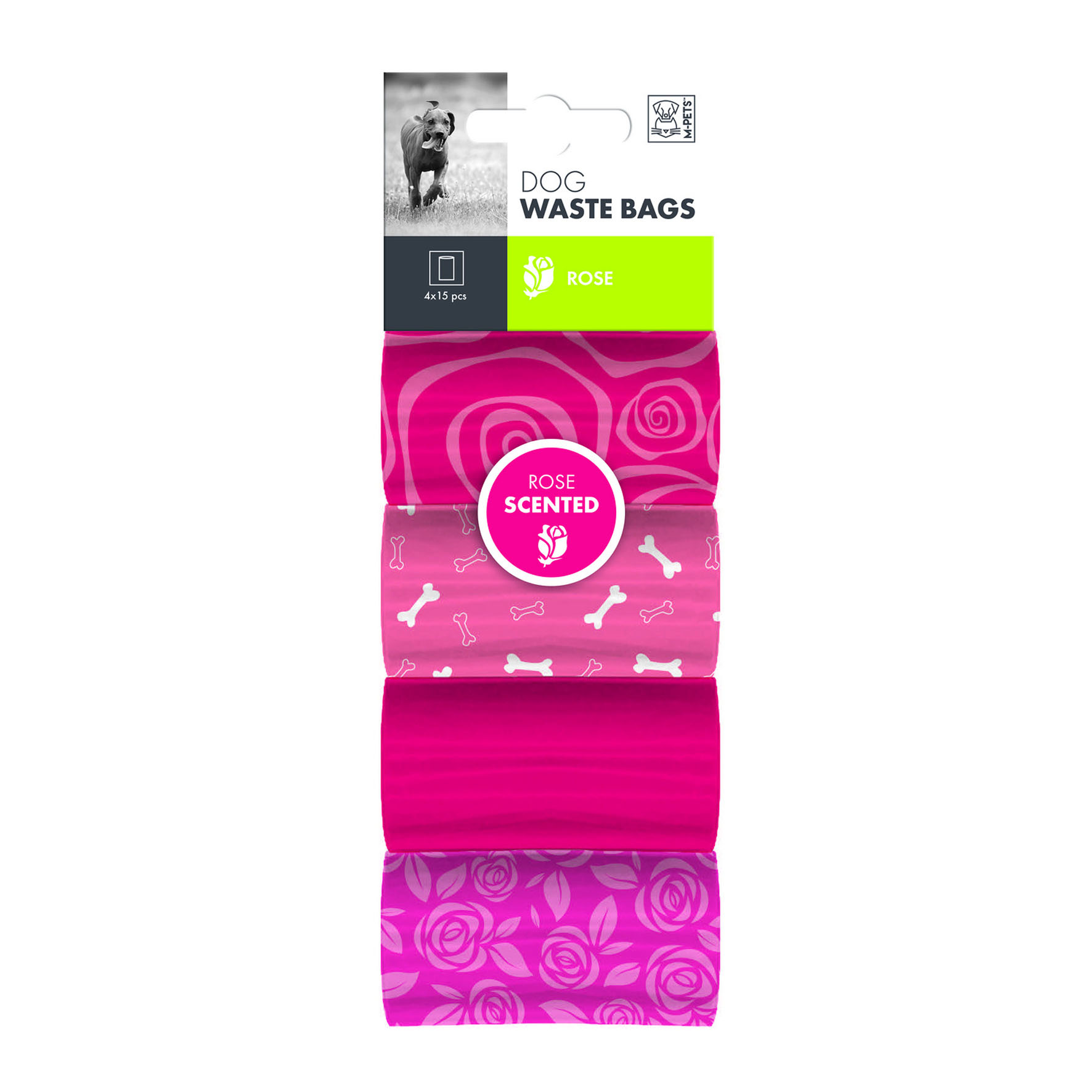 Sacs pour déjections canines M-Pets au parfum de rose, 35 × 23 cm, 4 rouleaux de 15 sacs chacun, rose