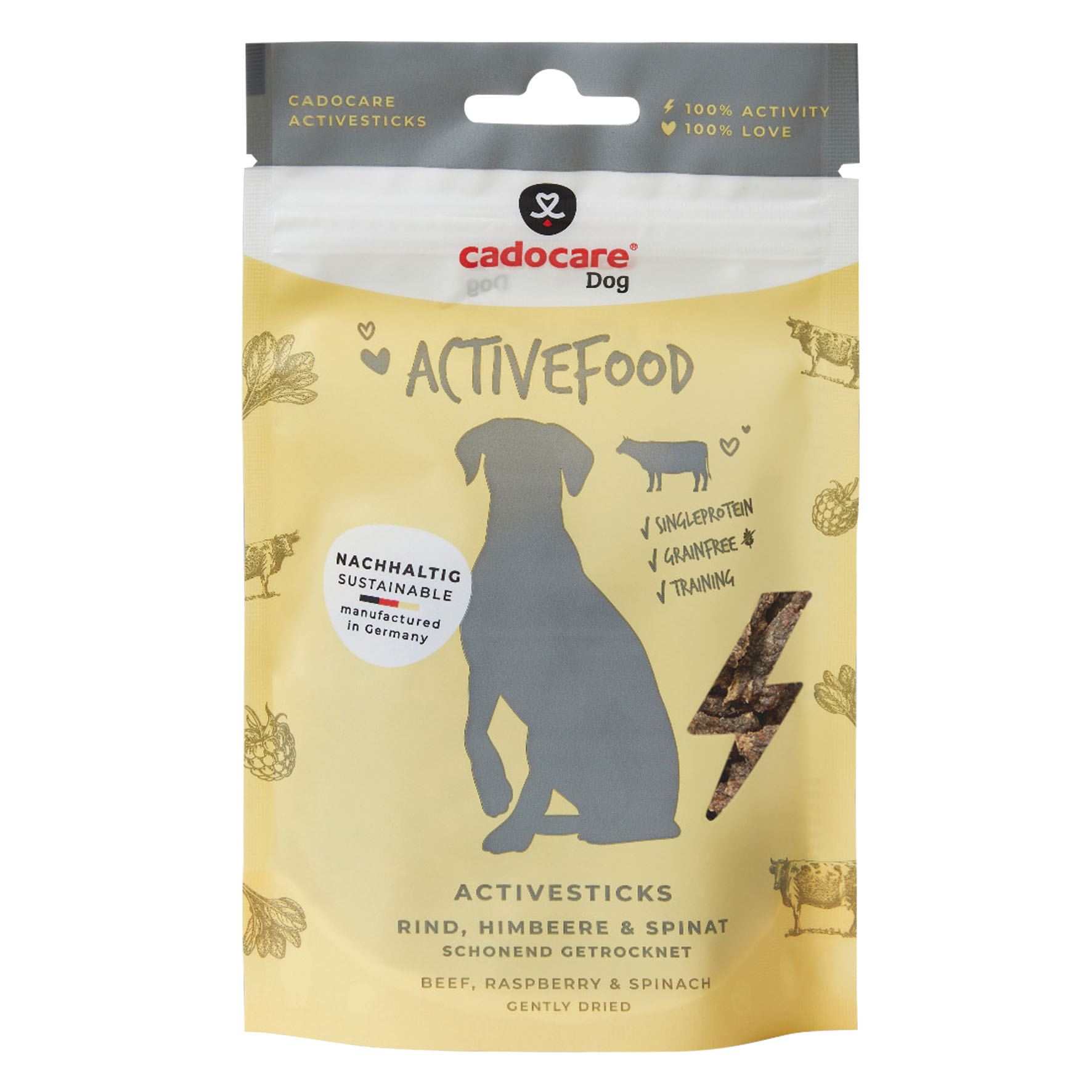 Cadocare Hundesnacks - ActiveSticks - Rind, Himbeere & Spinat, 90g