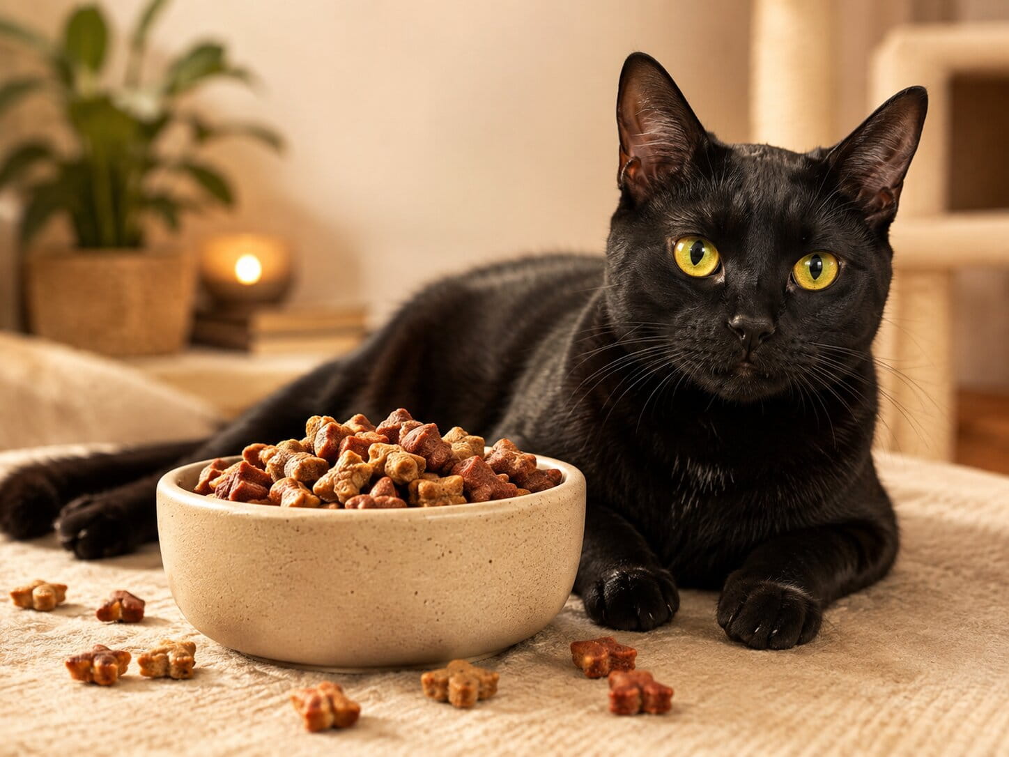 Chat noir à côté d’une gamelle de friandises pour chat