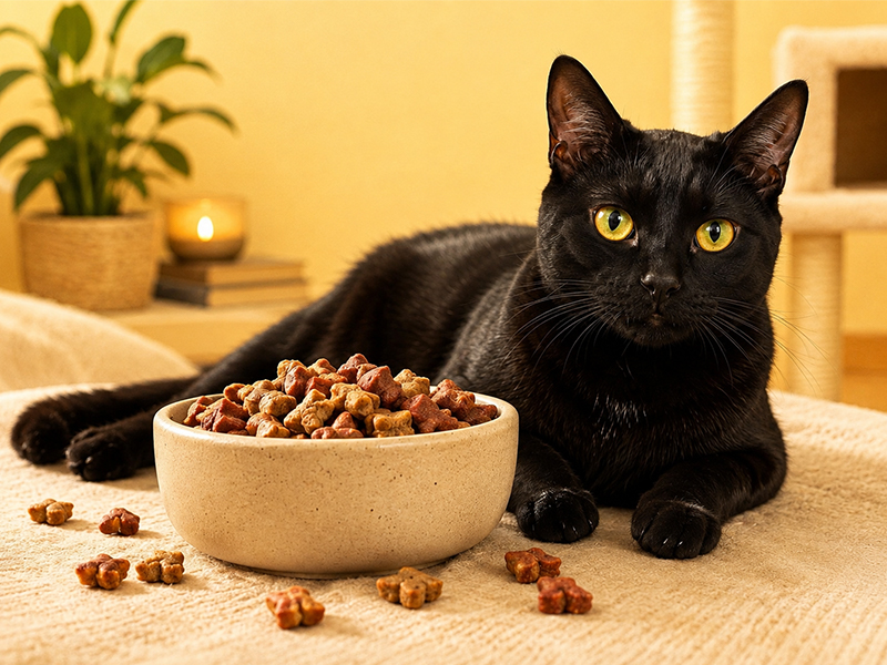 Schwarze Katze neben Schale mit knusprigen Katzensnacks