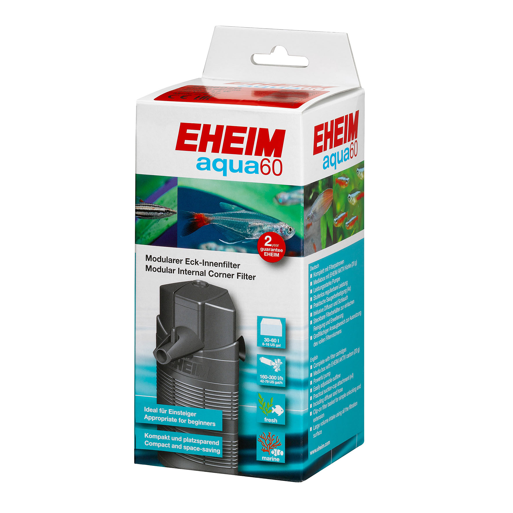 Eheim filtre intérieur d'angle aqua60, 160-300l/h, 4W, 6.6x6.6x16.6cm