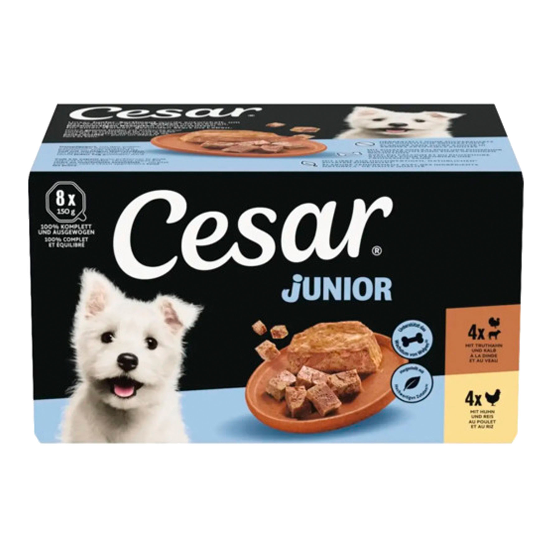 Cesar Junior Terrine Poulet & Dinde aliment humide pour chiens, 8 x 150 g