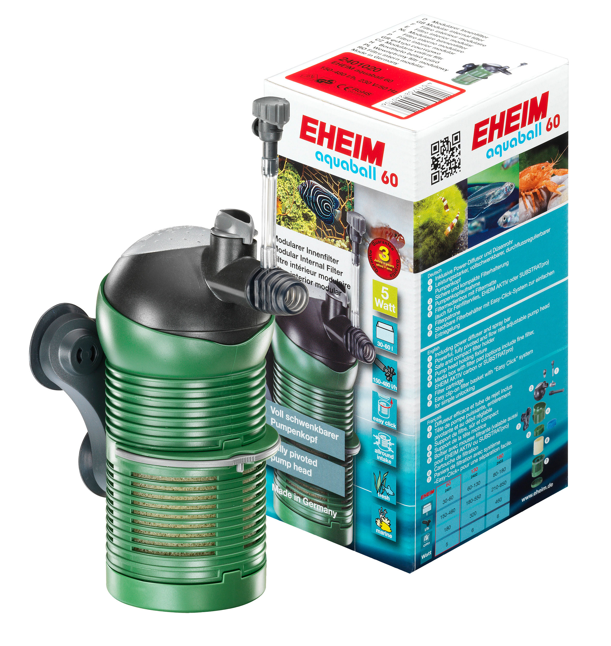 Eheim Innenfilter aquaball 60 media+, 150-480l/h, 5W, 9.6x16cm Eheim Innenfilter aquaball 60 media+, 150-480l/h, 5W, 9.6x16cm