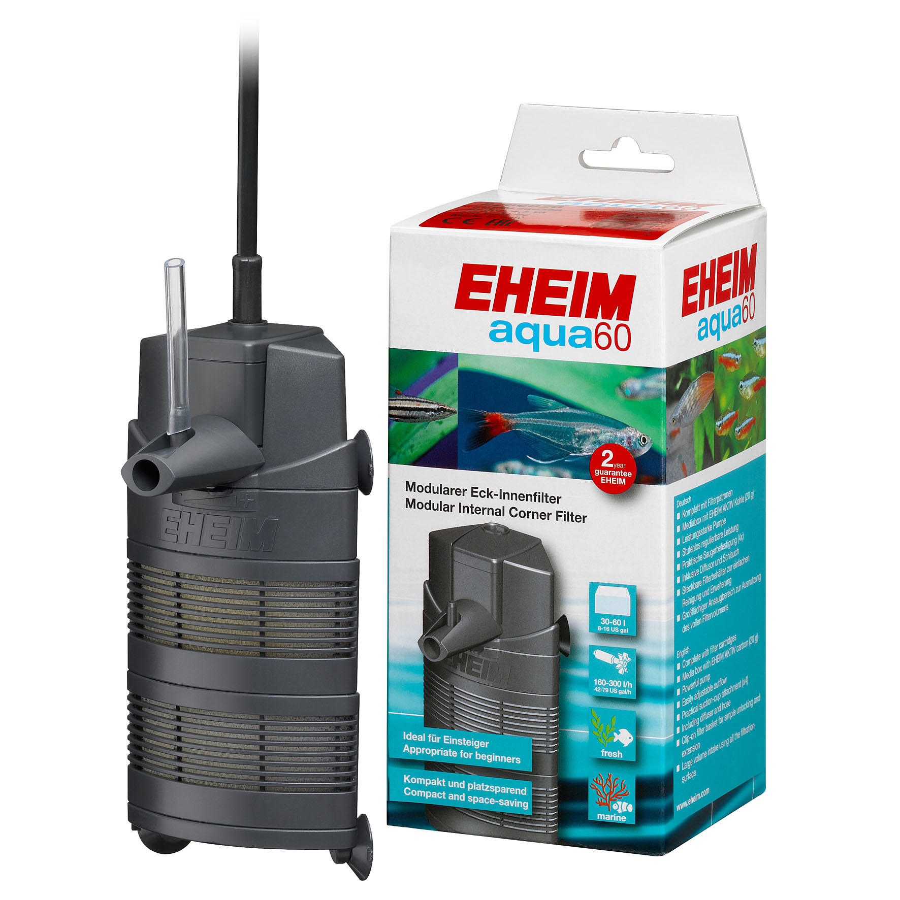 Eheim filtre intérieur d'angle aqua60, 160-300l/h, 4W, 6.6x6.6x16.6cm
