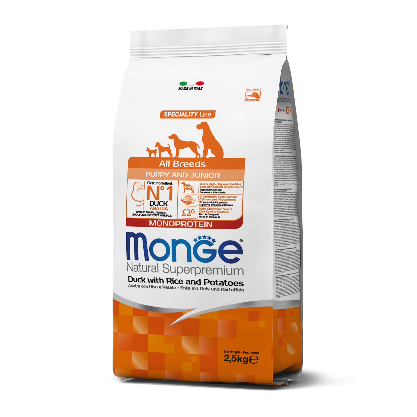 Monge Dog Puppy & Junior All Breeds canard, riz & pommes de terre, 2.5kg