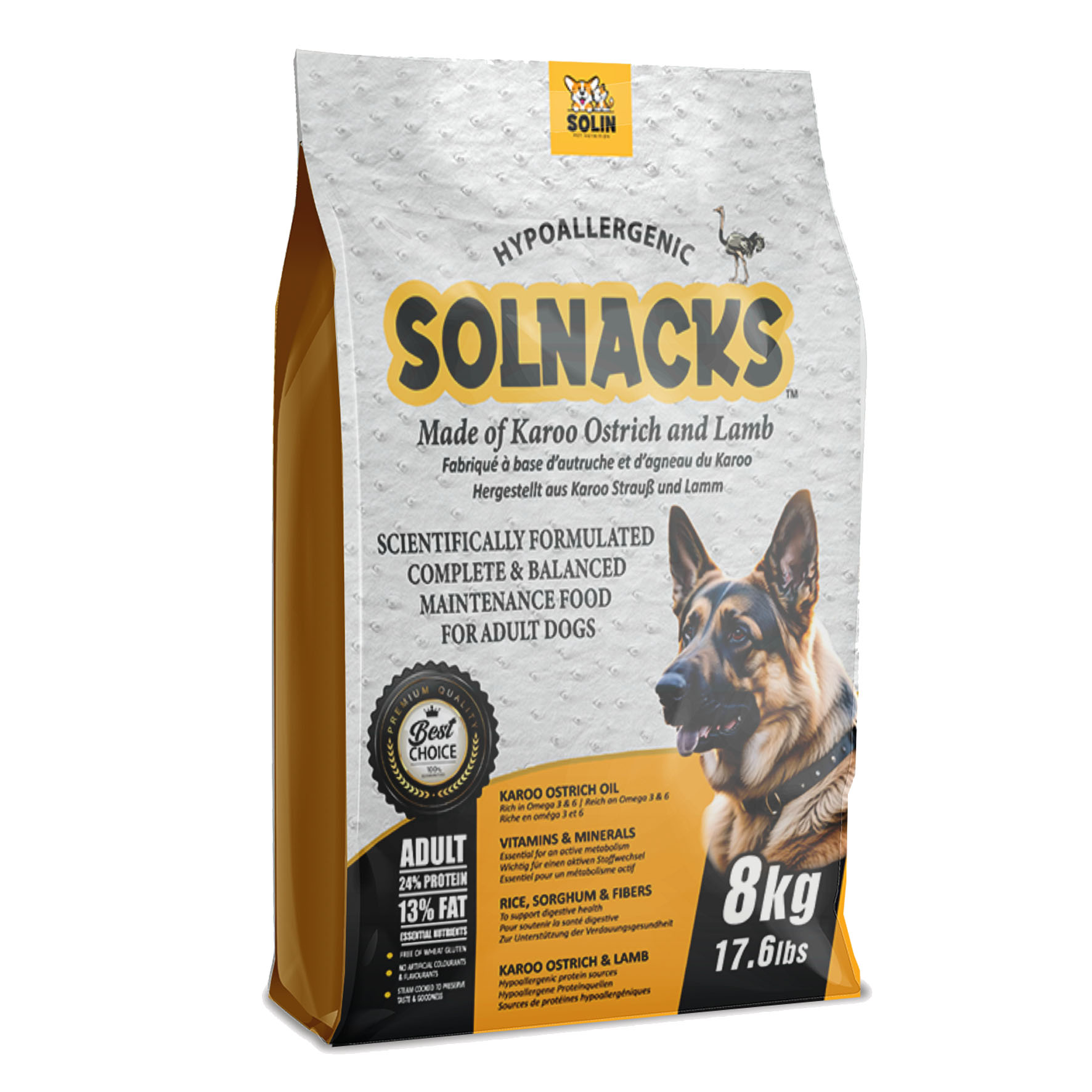SOLNACKS Dog Adult – All Breeds con struzzo, 8 kg