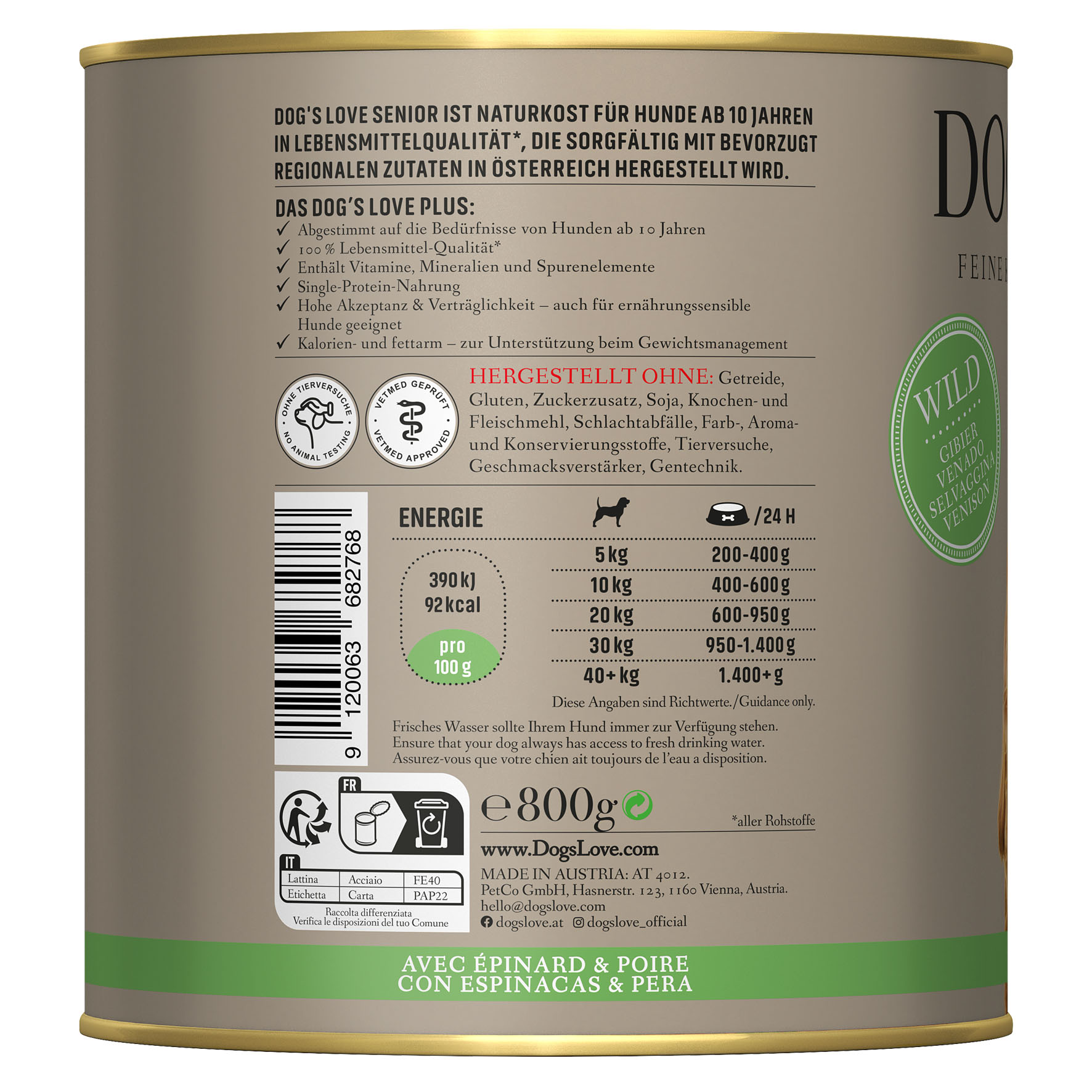 Dog‘s Love Senior 10+ Light Wild, Spinat & Birne, 800g Dog‘s Love Senior 10+ Light Wild, Spinat & Birne, 800g