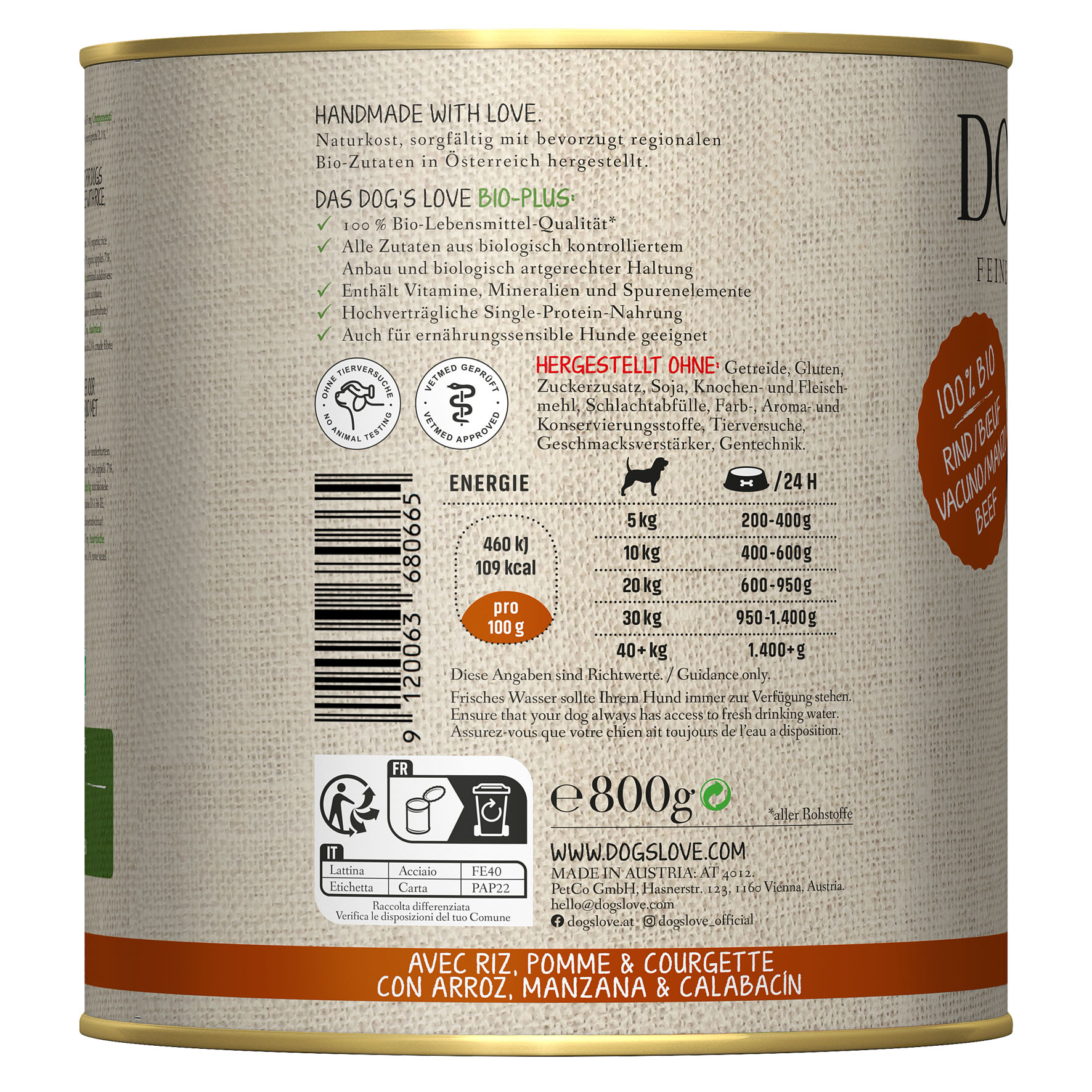Dog‘s Love BIO boeuf, riz, pomme & courgette, 800g