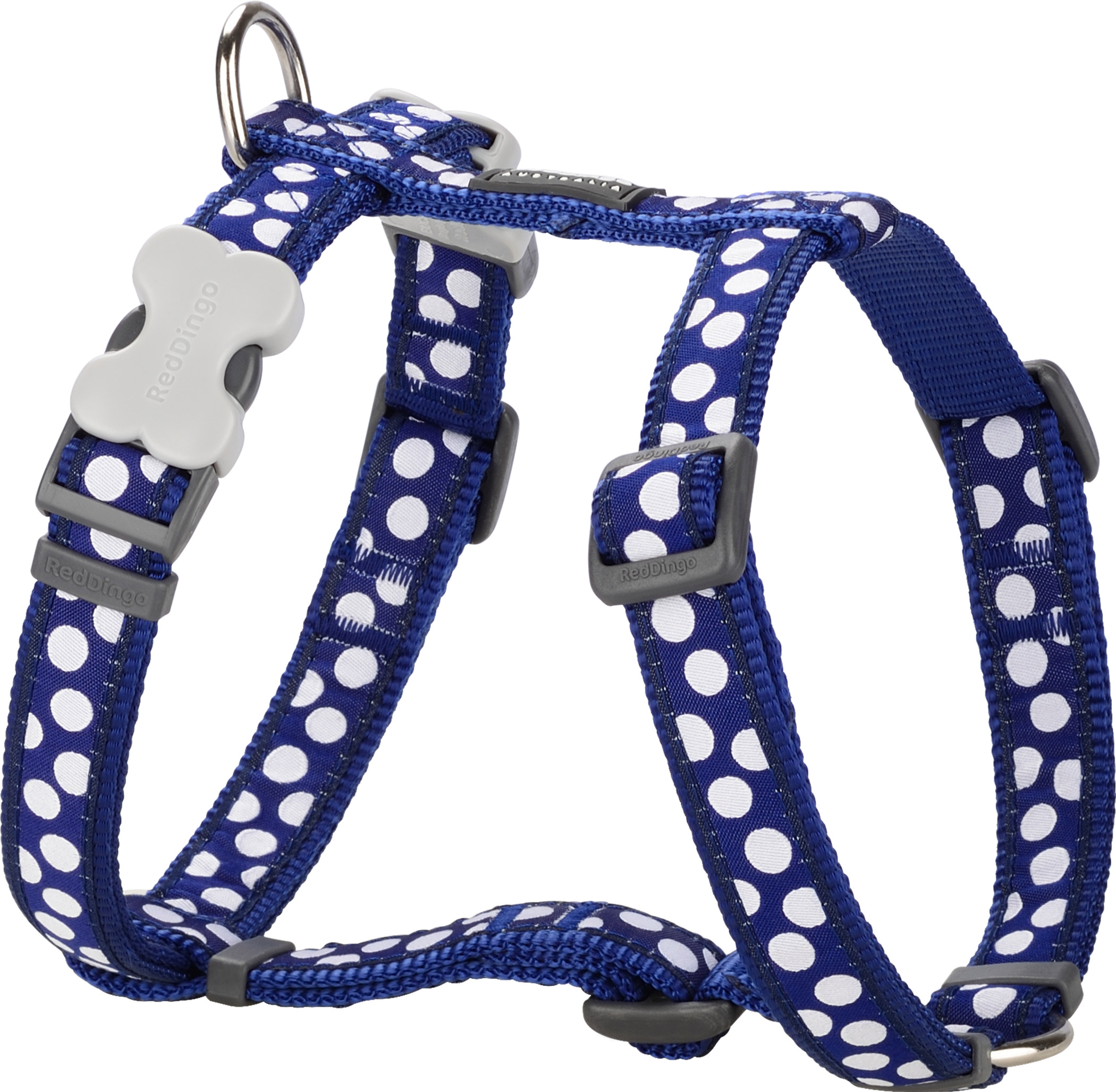 RedDingo harnais Design White Spots on Navy, S: 15mm, cou 30-48cm, corps 36-54cm