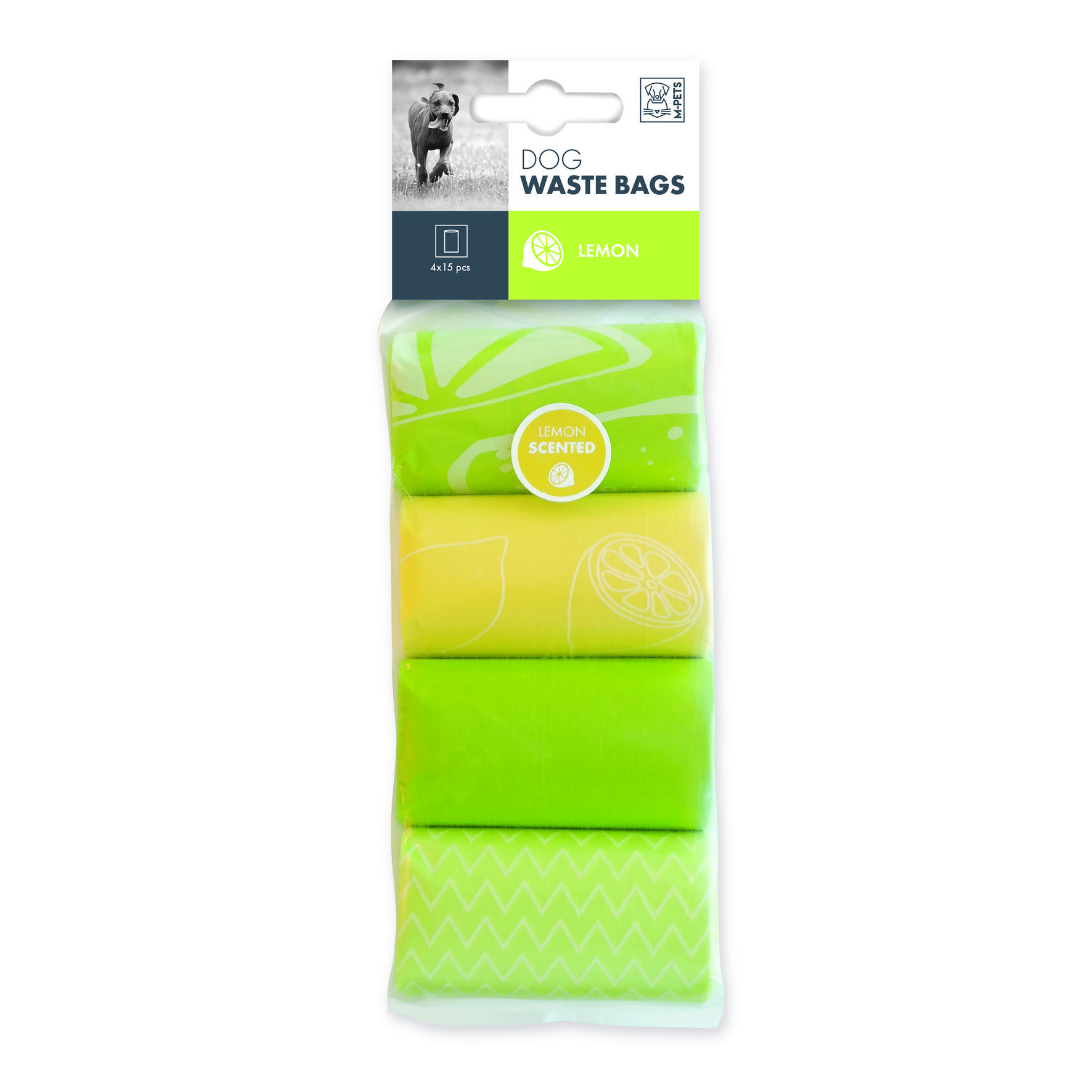 Sacs à déjections canines M-Pets au parfum de citron, 35 × 23 cm, 4 rouleaux de 15 pièces, jaune