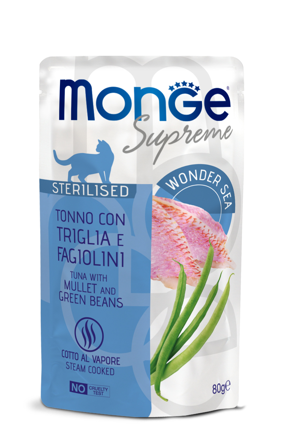 Monge Supreme sachet Sterilised Thunfisch mit Meeräsche und grünen Bohnen, 80g