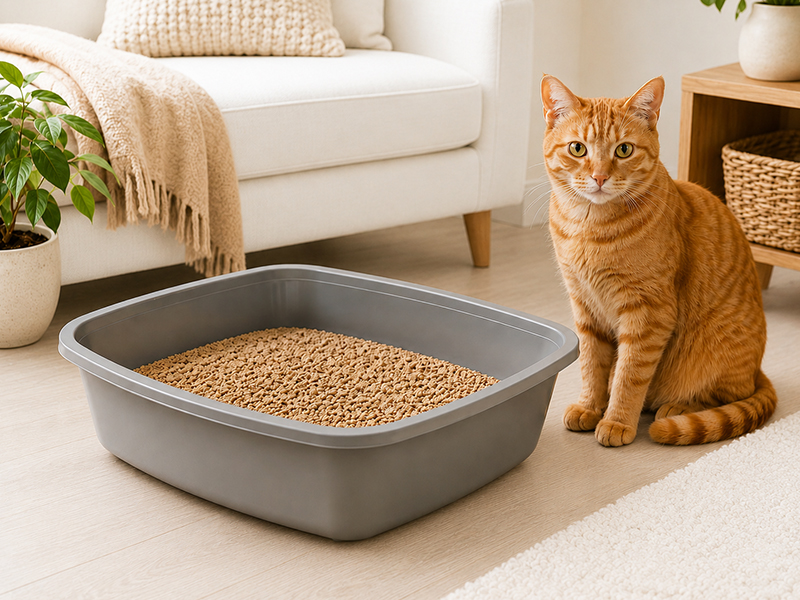 Orange Katze neben Katzentoilette mit hellem Katzenstreu