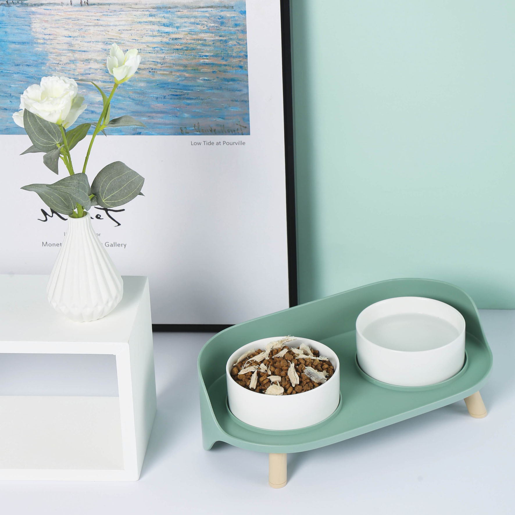 M-Pets Erhöhter Futternapf, weiss & grün, 450ml x 2