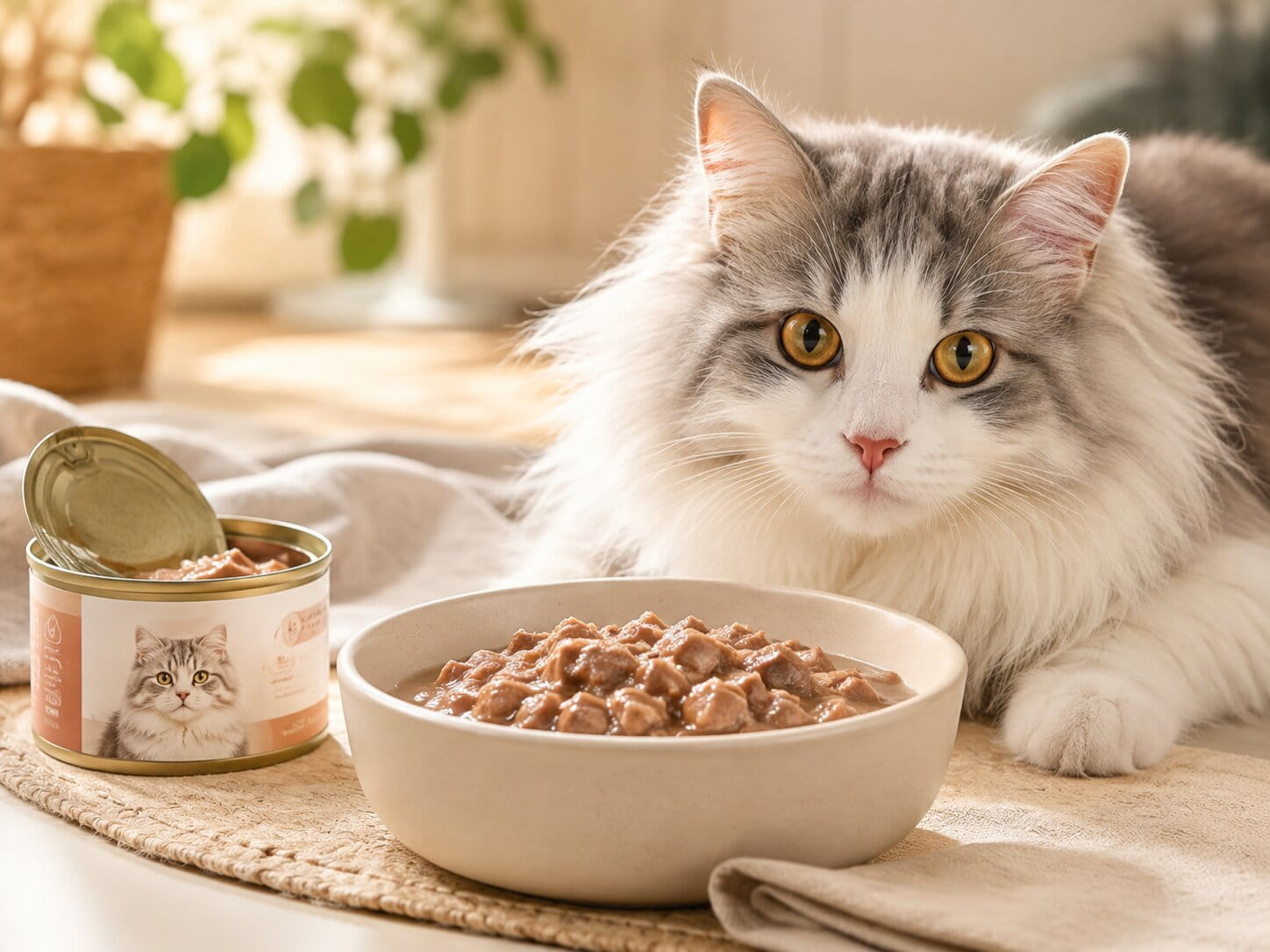 Chat à poil long à côté d’une gamelle de pâtée pour chat