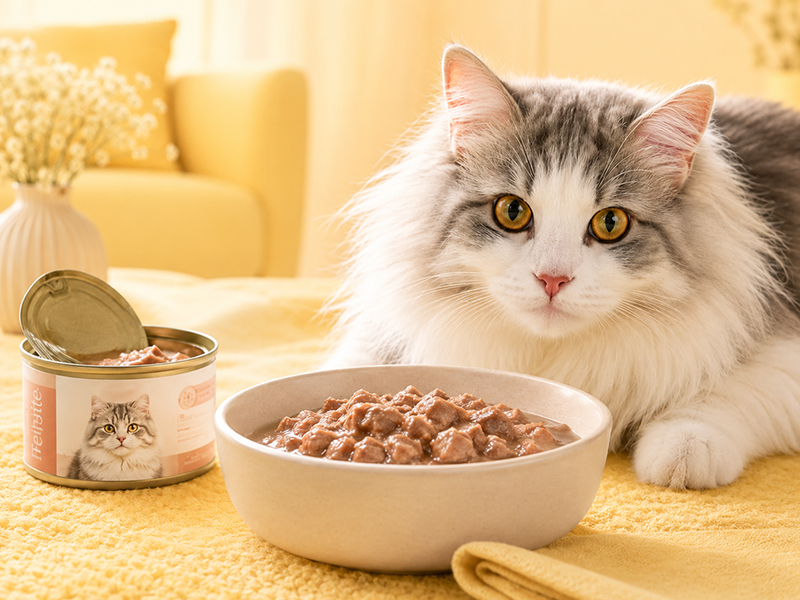 Flauschige Katze neben Napf mit Katzen-Nassfutter