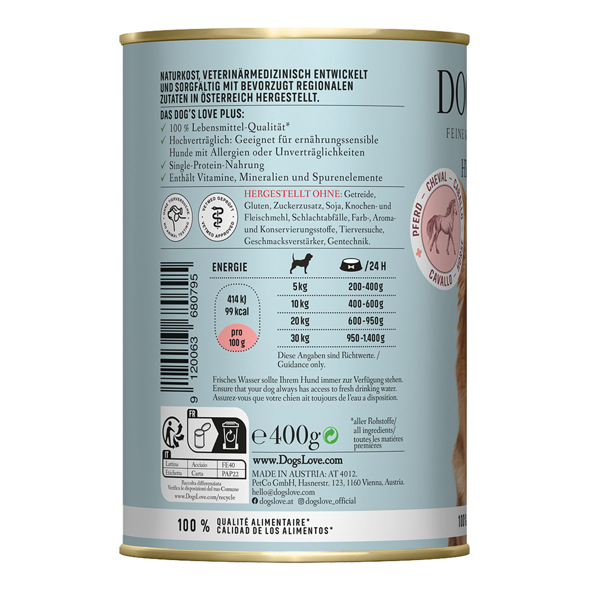 Dog's Love Hypoallergen cheval, panais & tomate, 800g