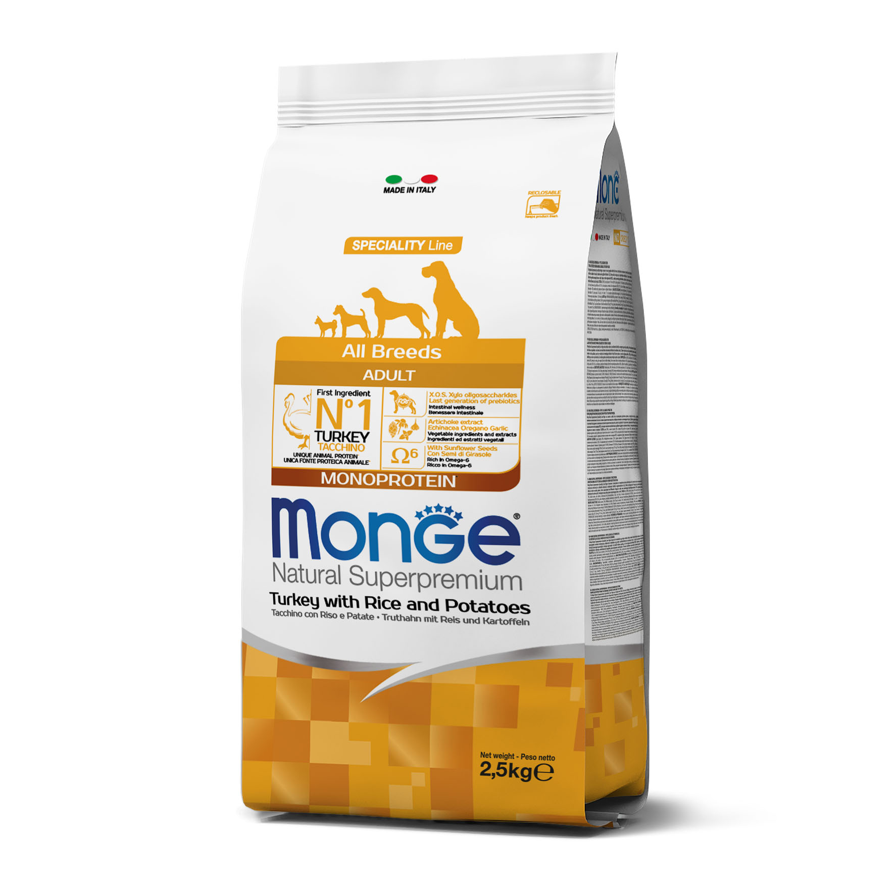 Monge Dog Adult All Breeds dinde, riz et pommes de terre, 2.5kg