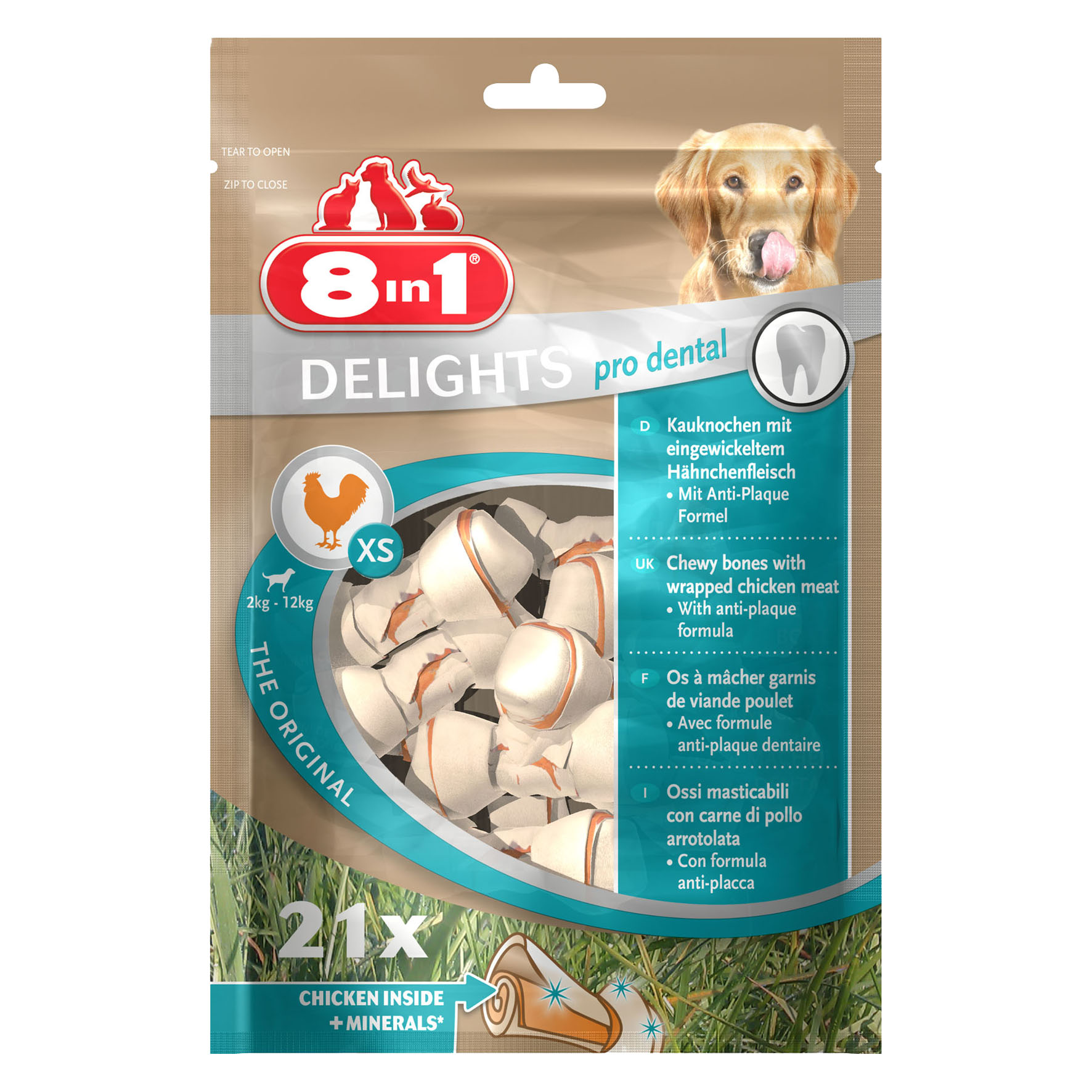 8in1 Delights Pro Dental Kauknochen, XS, Pack à 21Stk., 252g 