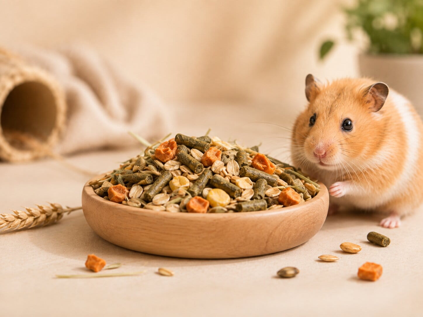 Hamster à côté d’une gamelle de nourriture pour rongeurs