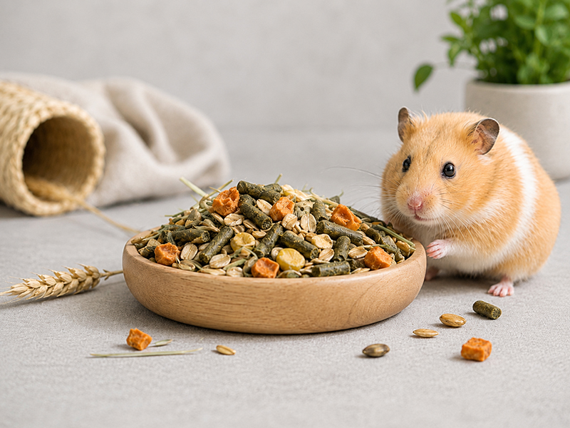 Hamster neben Schale mit Nagerfutter aus Pellets und Getreide