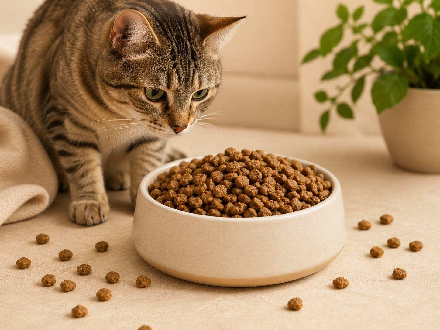 Chat à côté d’une gamelle de croquettes pour chat