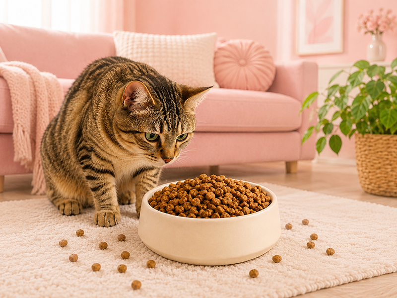 Katze neben Napf mit knusprigem Katzen-Trockenfutter