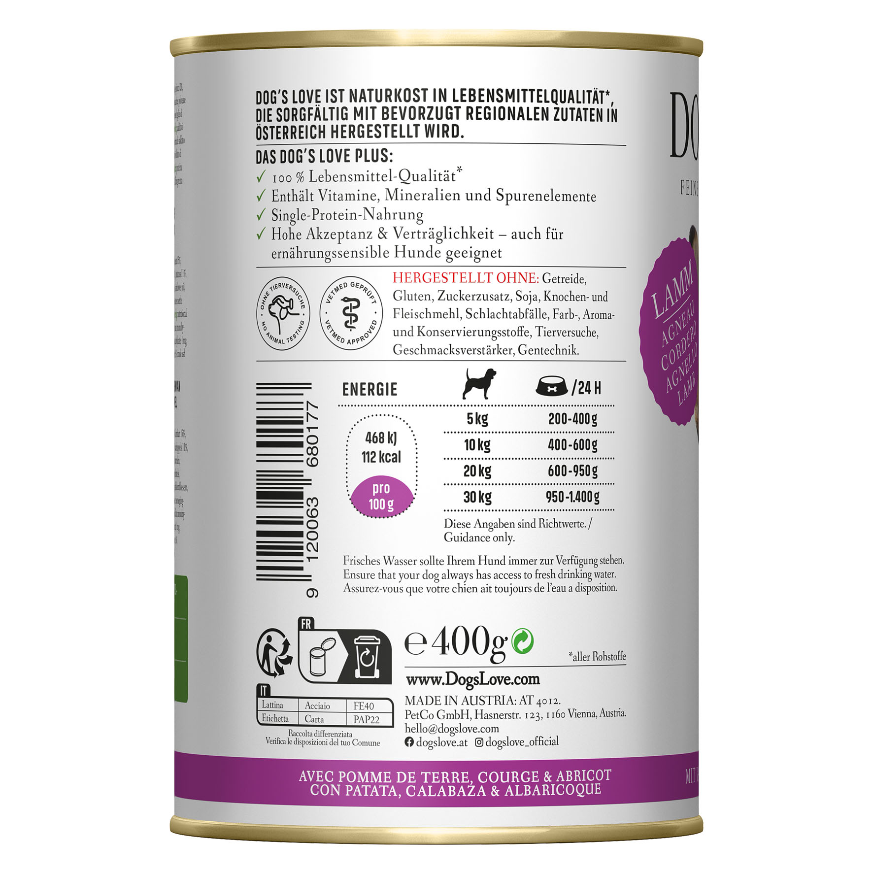 Dog‘s Love Classic Adult Lamm, Kartoffel, Kürbis & Aprikosen, 400g