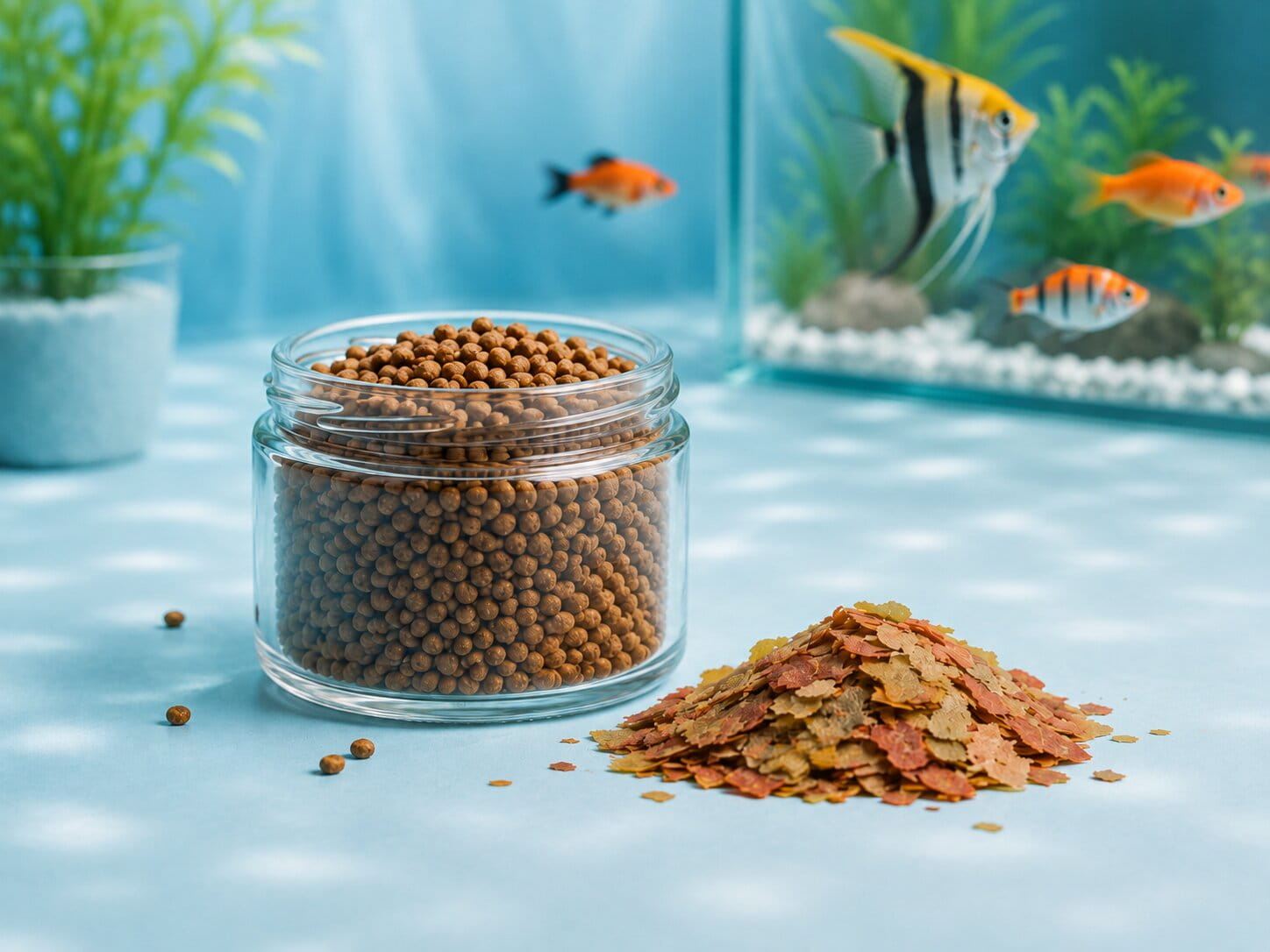 Nourriture pour poissons avec granulés et flocons devant un aquarium