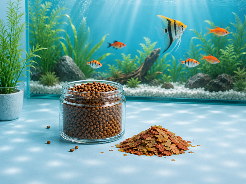 Fischfutter mit Pellets und Flocken vor Aquarium mit Zierfischen